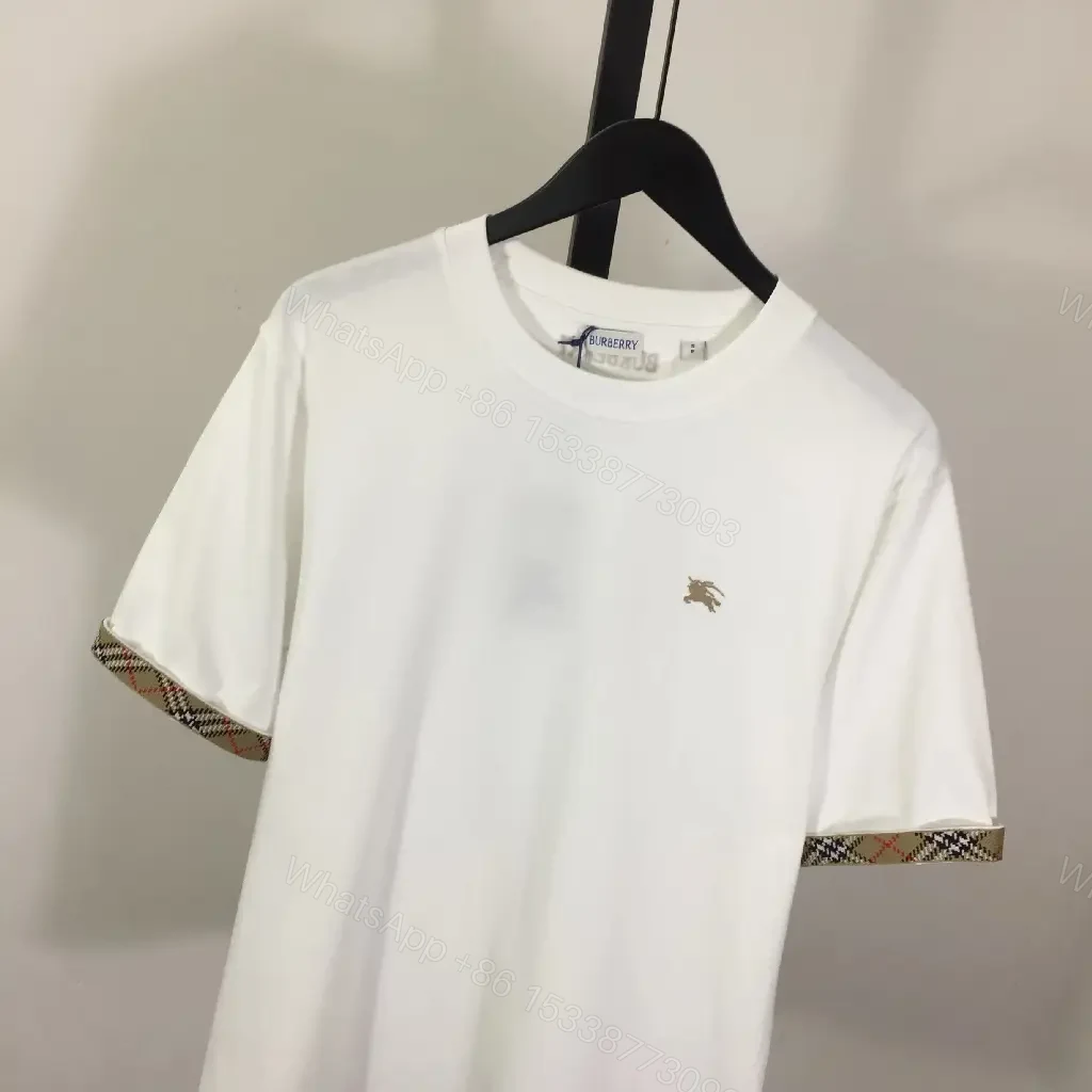 View 9 of White Cotton T-Shirt with Plaid Trim, Crewneck, Short Sleeves