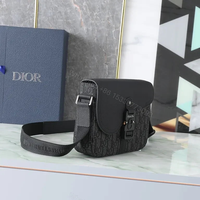 View 9 of Charcoal Leather-Accent Dior-Style Crossbody Bag with Buckle Closure