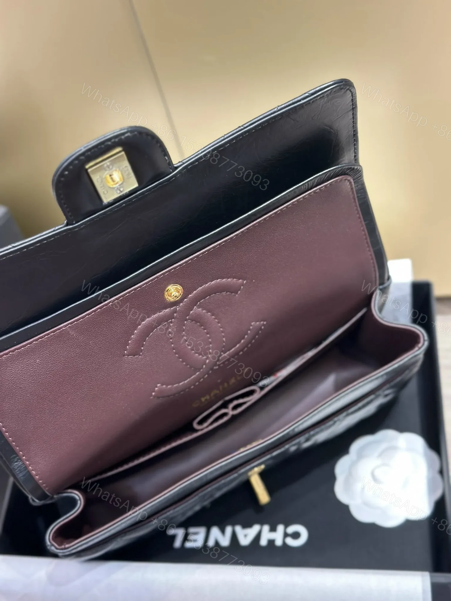 View 5 of Chanel Classic Lock Gold With Black Wrinkled Skin Like Auth Handbags 25cm
