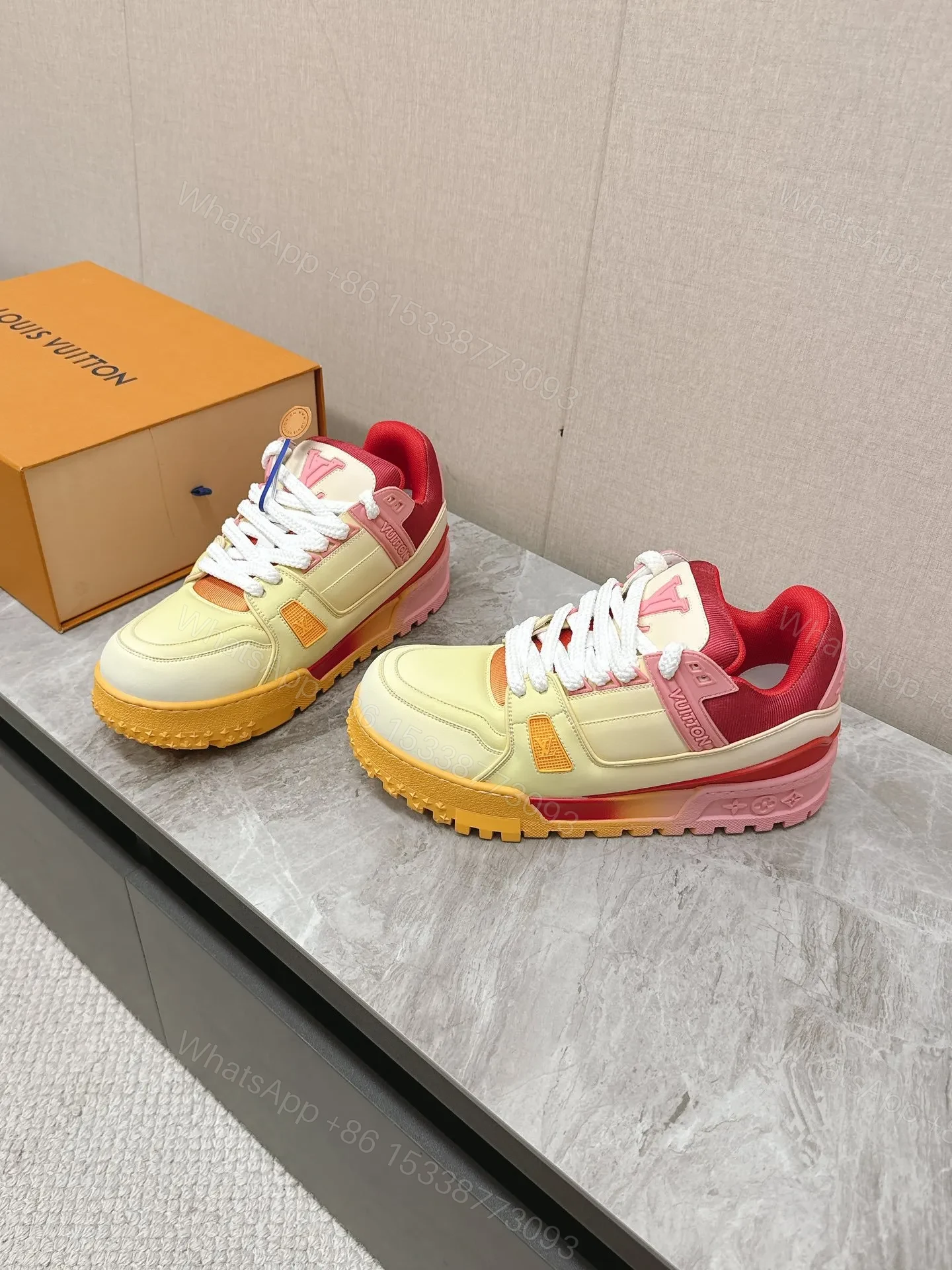 View 3 of LV Women Yellow Leather Orange Accent Sneakers