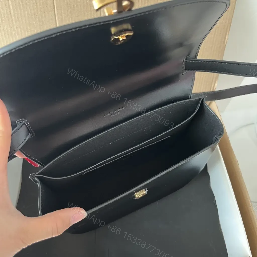 View 6 of Compact Black Leather Crossbody: Gold YSL-Inspired Minimalist Bag