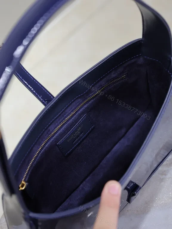 View 5 of Navy Satin-Gloss Crossbody with Gold YSL Hardware