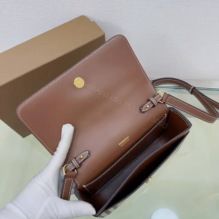 View 6 of Chic Burberry-Inspired Leather Crossbody Bag with Checkered Front
