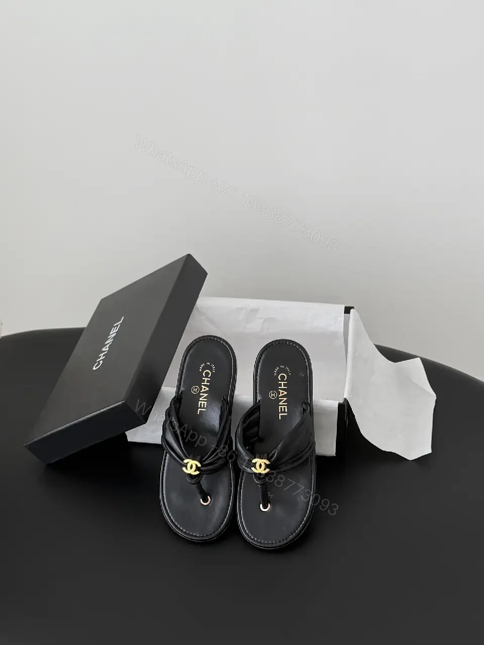 View 6 of Black Leather Sandals Satin Classic Gold Logo Slippers