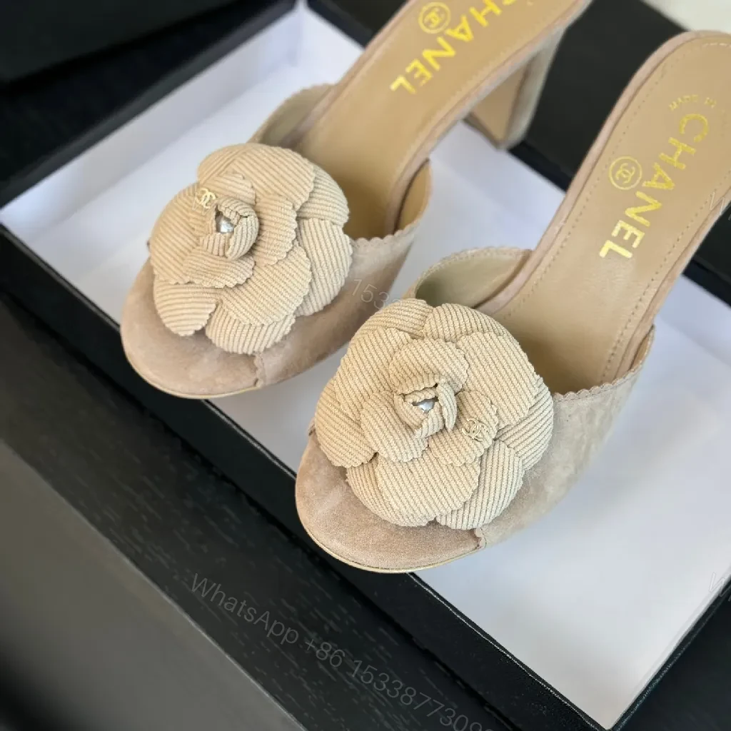 View 2 of Beige Camellia-Detail Sandals: Textured Luxury Slides