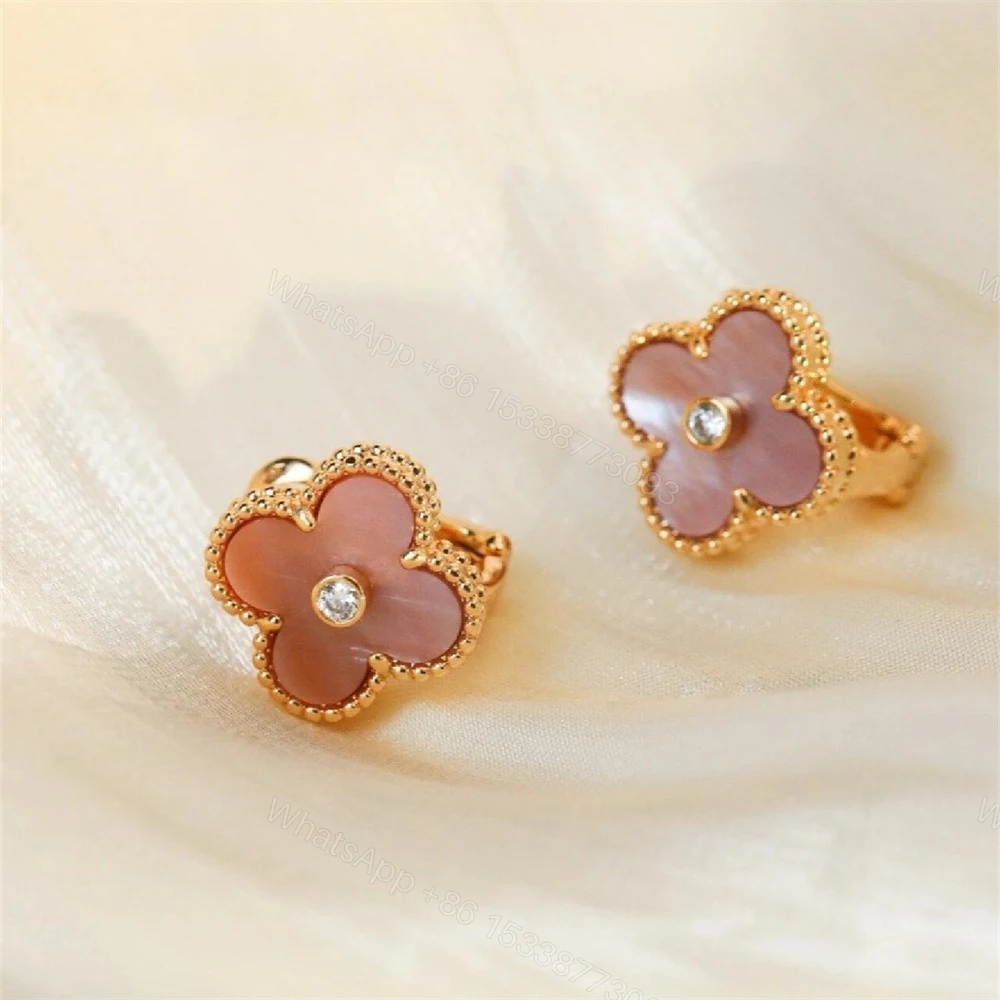 View 4 of Van Cleef & Arpels 18K Vintage Alhambra Earrings Pink Mother-Of-Pearl Diamond