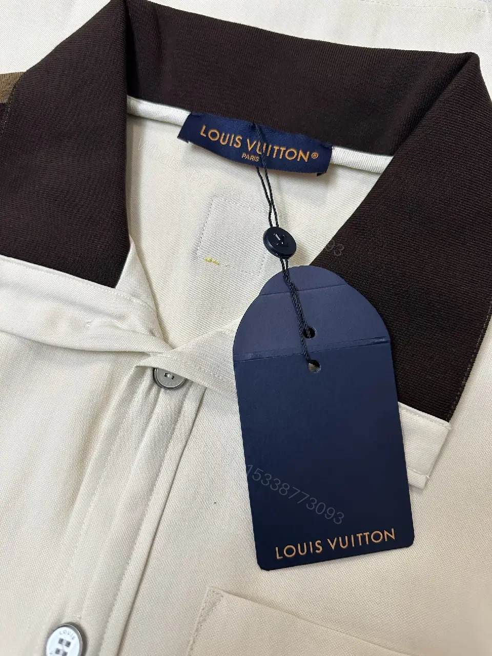 View 13 of White Cotton Polo Shirt with Black Accent Louis Vuitton Style Key Feature Pocket Short Sleeve Shirt