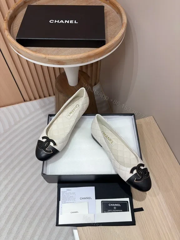 View 3 of Chanel-Style Quilted Two-Tone Flats with Logo