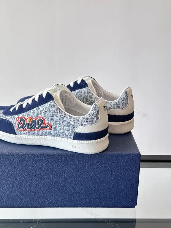 View 4 of Navy Dior Monogram Leather-Suede Low-Top Sneakers