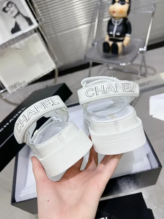 View 7 of White Leather Velcro Sandals with Chanel-Inspired Hardware