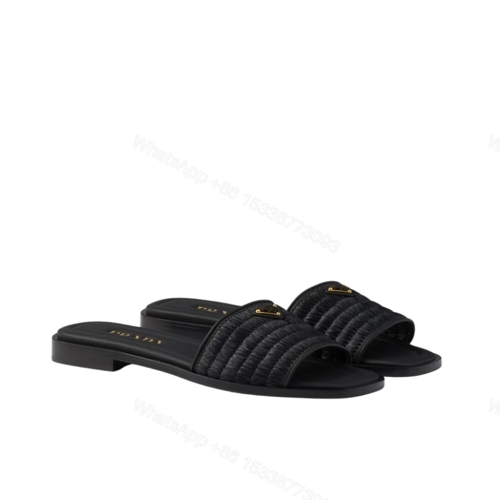 View 10 of Prada Leather Slides With Crochet Details Black