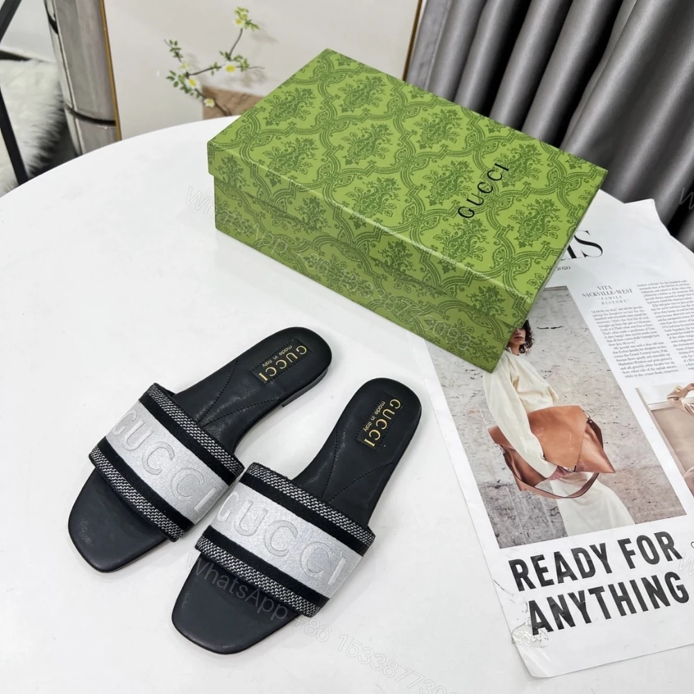 View 2 of GUCCI WOMEN SLIDE SANDAL WITH WEB BLACK AND WHITE 817564 FAECG 8843