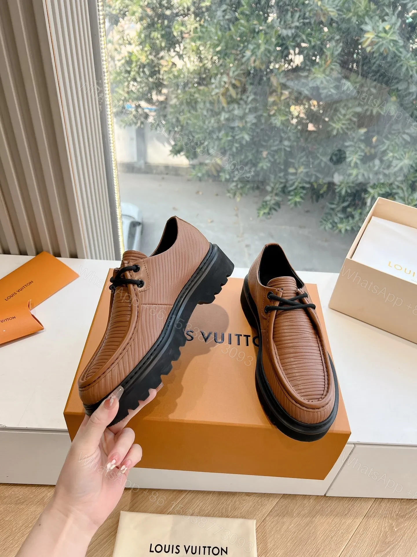 View 5 of LV Women Brown Textured Leather Loafers
