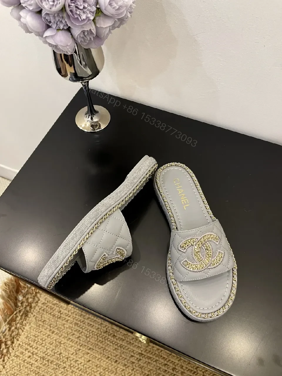 View 5 of Grey Leatherette Embellished Slide — Luxe, Cushioned, Slip-On
