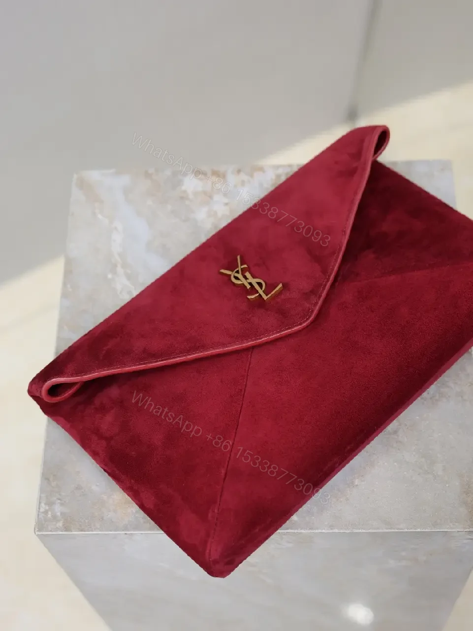 View 8 of Velvet Red Clutch: Gold Hardware Envelope Evening Bag