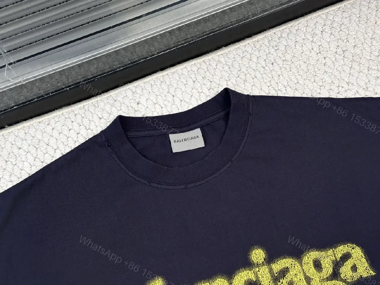 View 8 of Navy Cotton Oversize Balenciaga Graphic Tee with Neon Yellow Logo