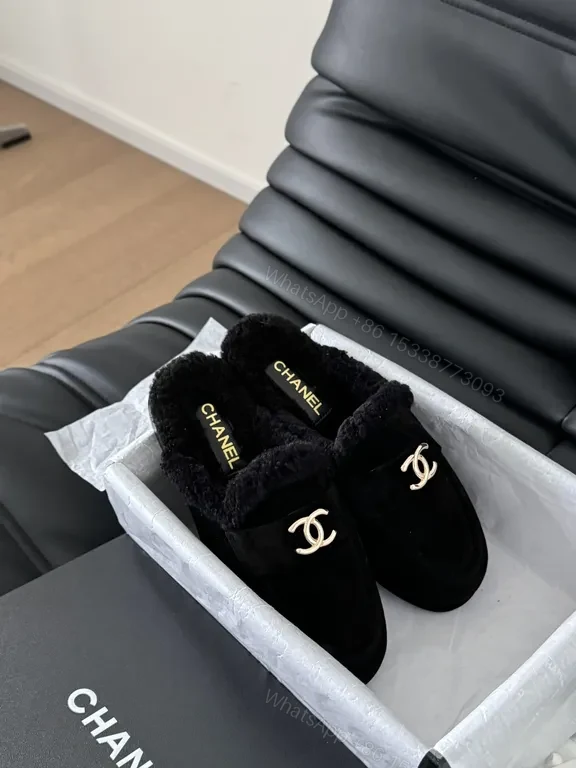 View 3 of Chanel-Inspired Black Shearling Mules with Gold Logo Detail