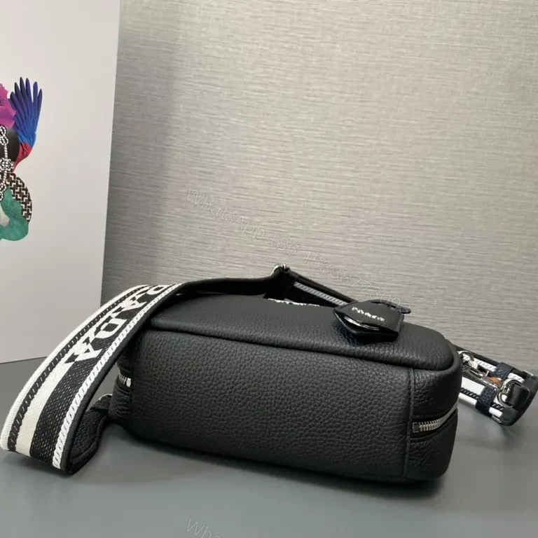 View 7 of Prada Black Mini Top-Handle Bag with Striped Strap