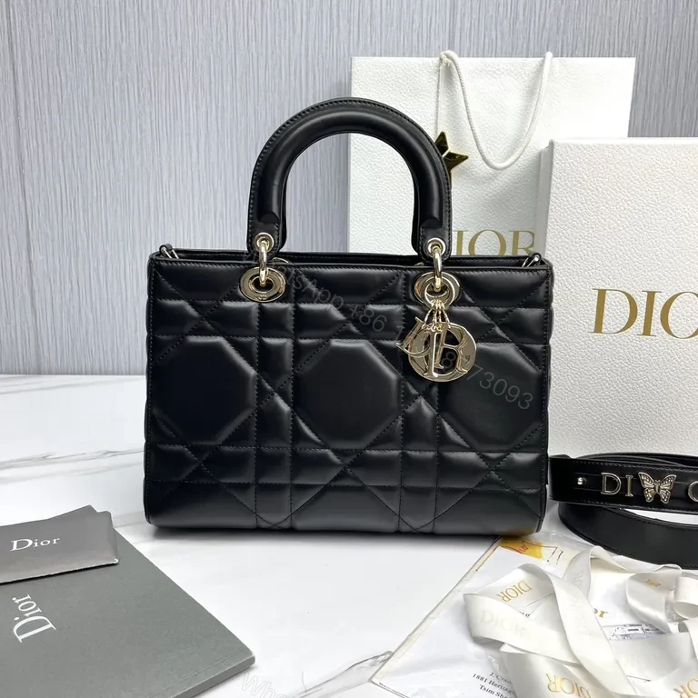 View 7 of Chic Black Quilted Mini Bag with Gold Dior Charms, All-Day Luxury