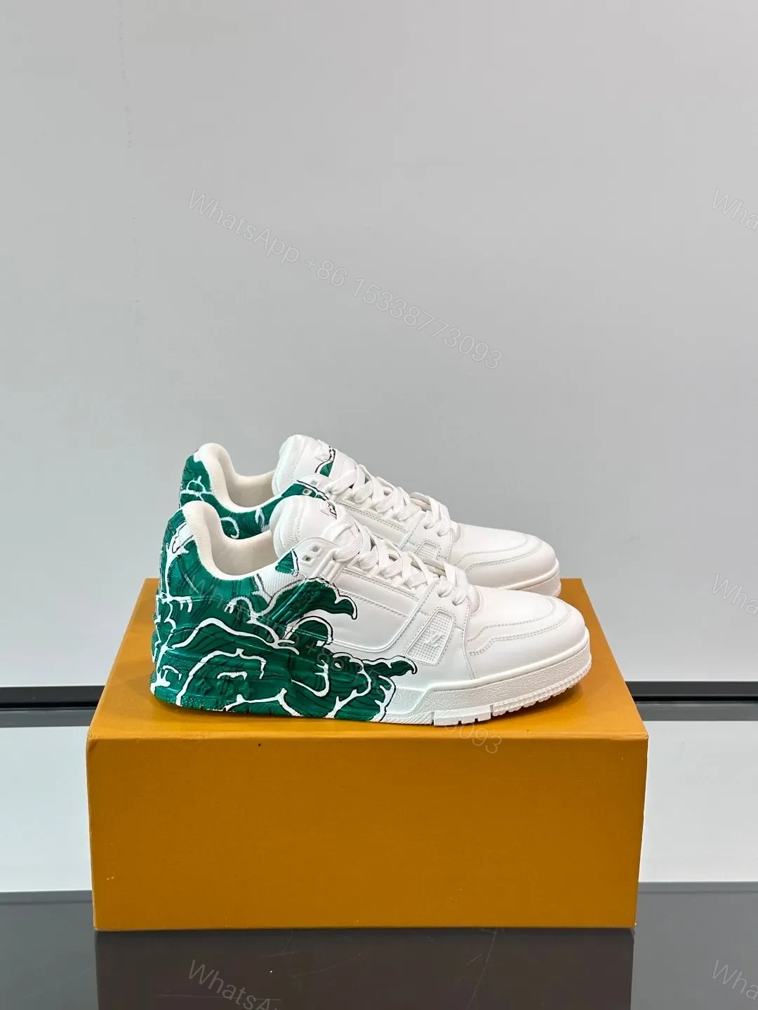 LV Men White Leather Sneakers With Green Graphic — view 1