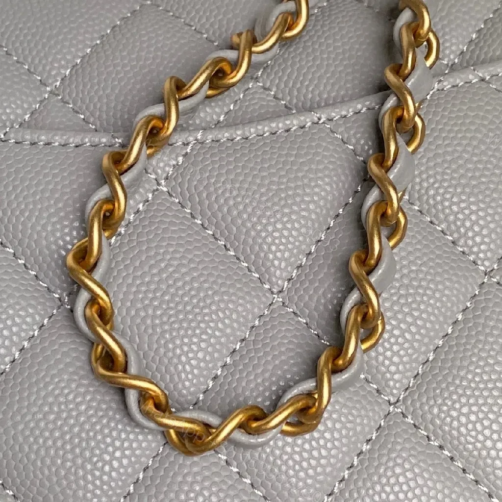 View 9 of Quilted Mini Flap Bag - Gold Chain, Grey Lambskin Leather