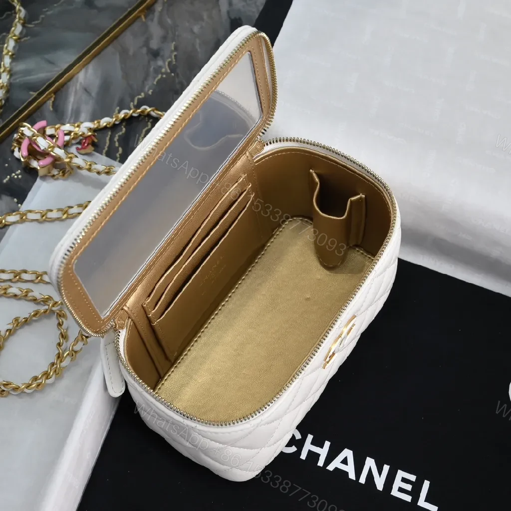 View 6 of White Quilted Mini Bag, Gold Chain, Luxe Crossbody Style