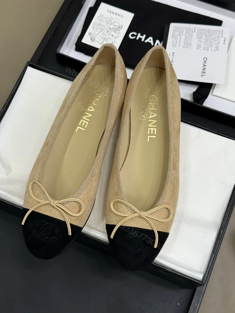 View 5 of Neutral Beige & Black Captoe Ballet Flats: Two-Tone Luxury Comfort