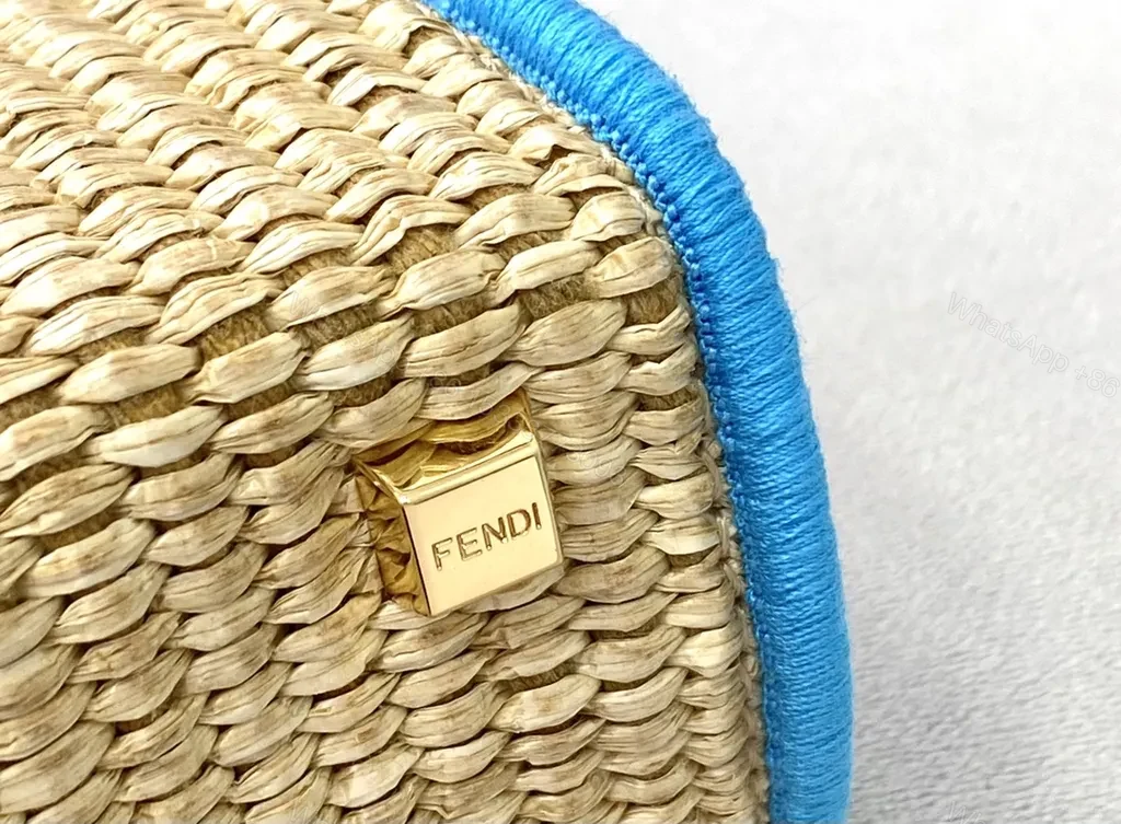 View 3 of Blue Leather-Trim Straw Tote by FENDI ROMA, Luxe Crossbody-Ready