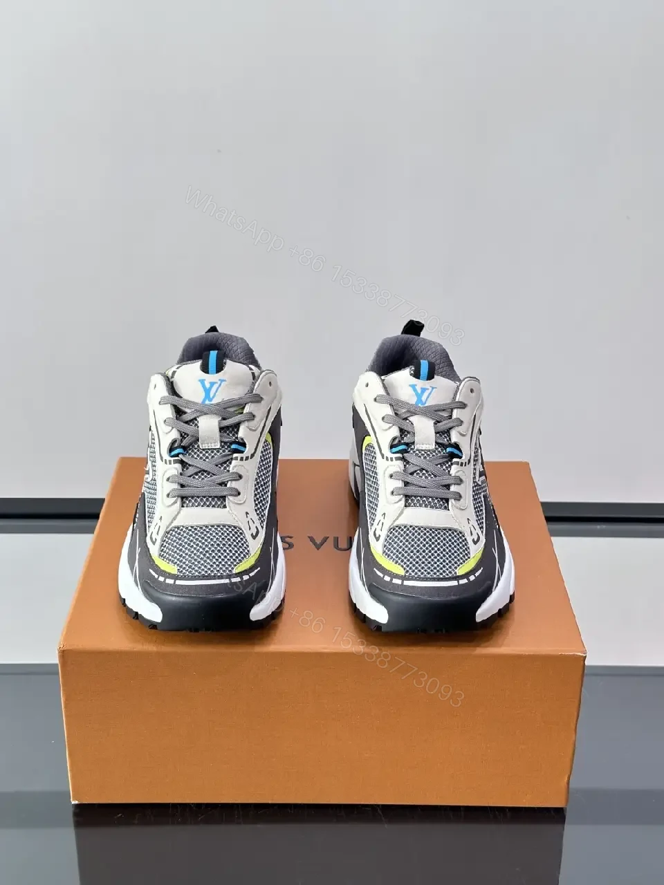 View 10 of Gray/Black Mesh Leather Sneaker with LV Accents, Sporty Chunky Style