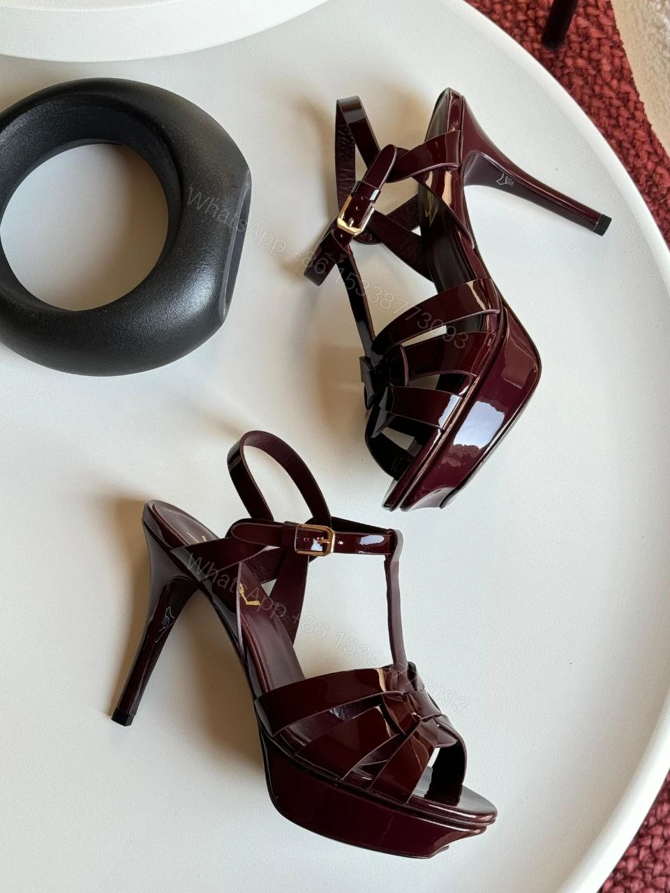 View 6 of Saint Laurent Burgundy Patent Leather Tribute Ankle Strap Sandals