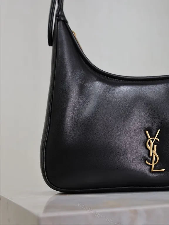 View 4 of Chic Black Leather Hobo with Gold YSL Emblem Bag