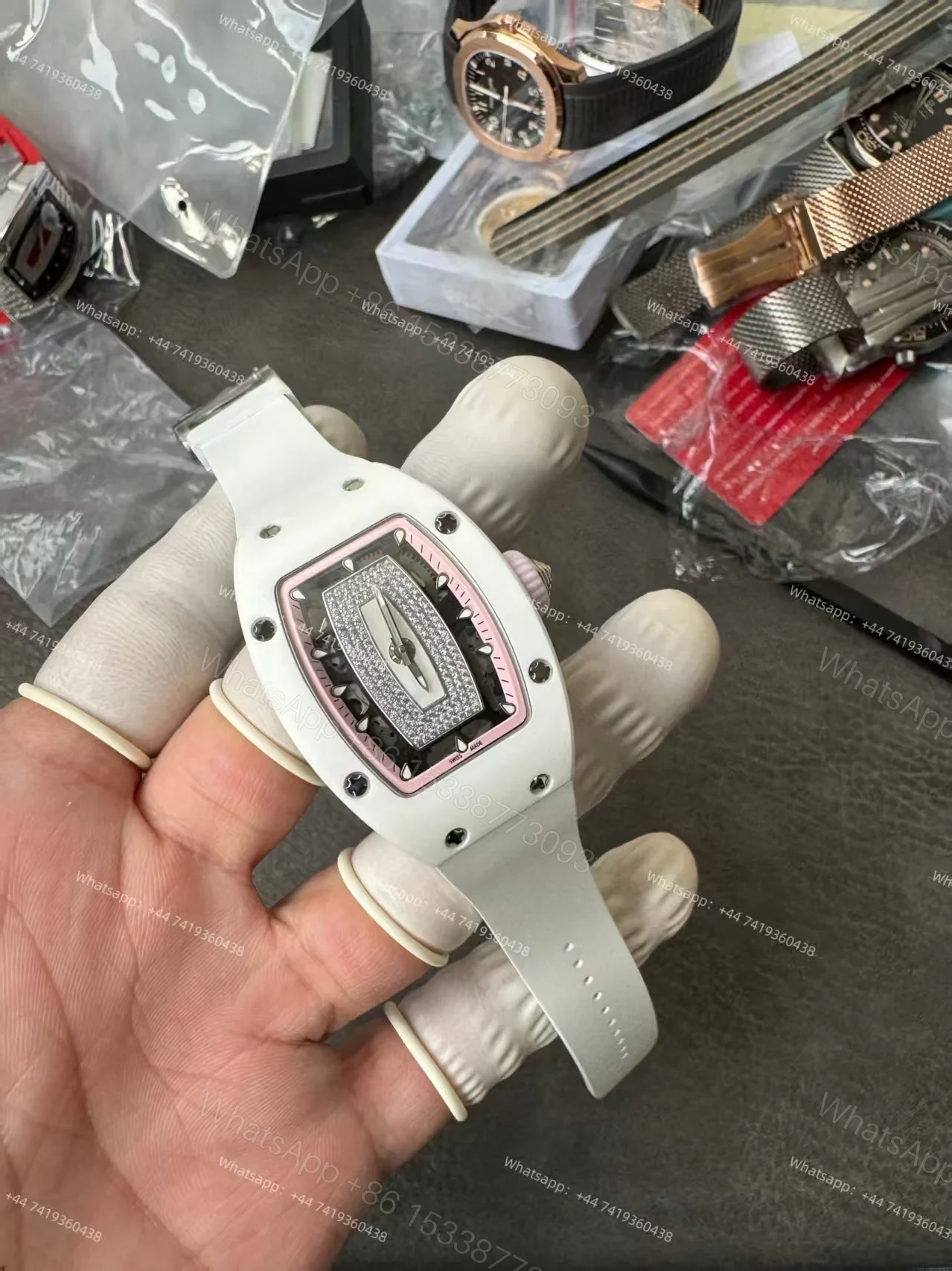 View 9 of Super Clone Richard Mille RM 07-01 White Ceramic Pink Diamond 1:1 Replica Watch