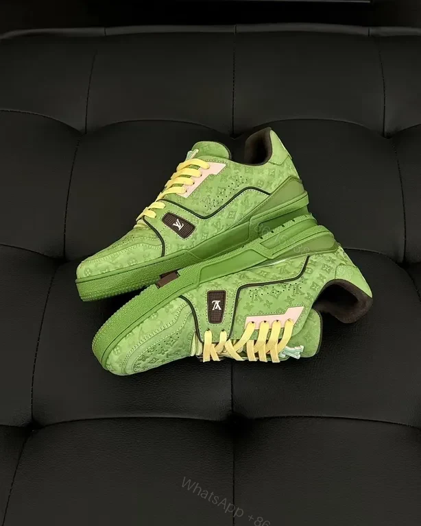 View 4 of Green LV-Style High-Top Sneakers with Signature Motif