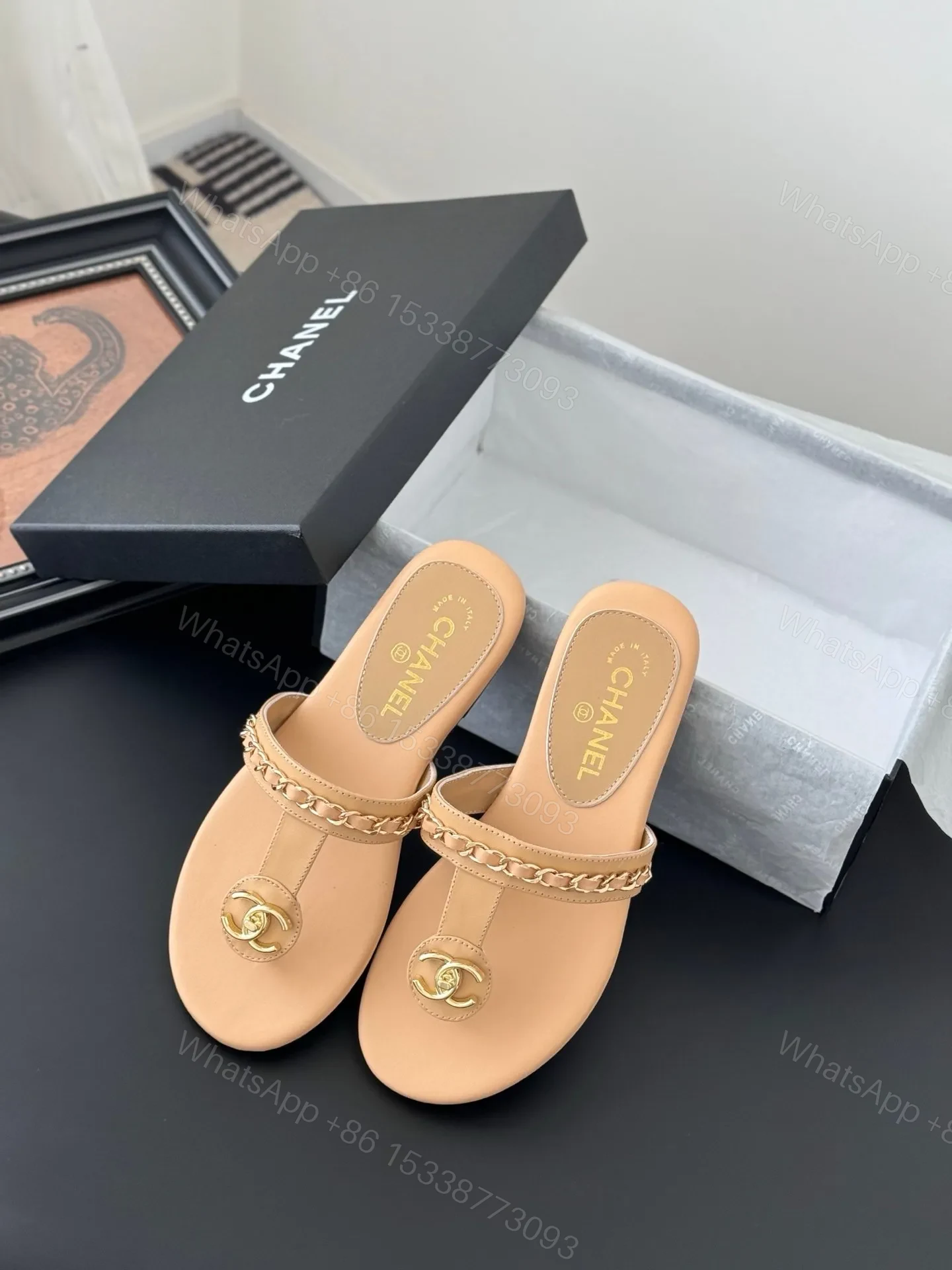 View 3 of Chanel Women Beige Leather Slides
