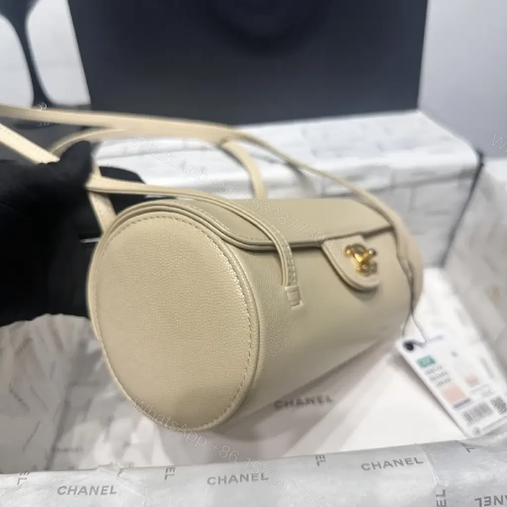 View 8 of Beige Leather Pebbled Small Top-Handle Bag with Gold Chanel Clasp