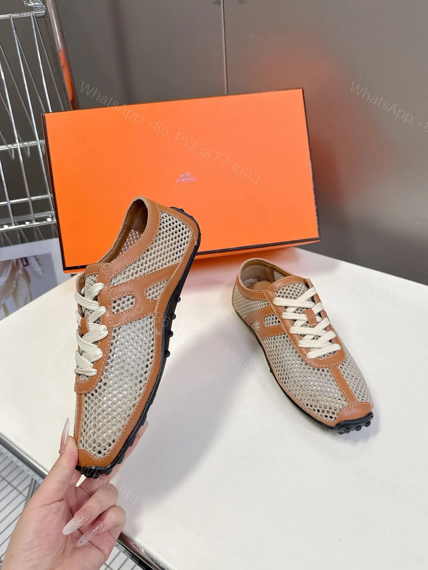 View 5 of Hermes Women Beige Mesh And Tan Leather Sneakers