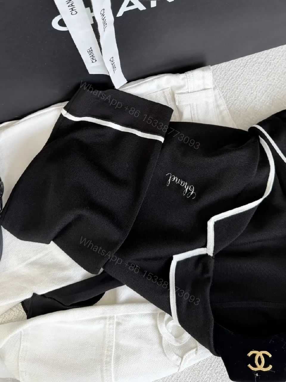 View 6 of Black Belted Robe-Style Cardigan with White Piping, Front Placket, Cuffs, Hem, Button Closure, Chanel-Inspired