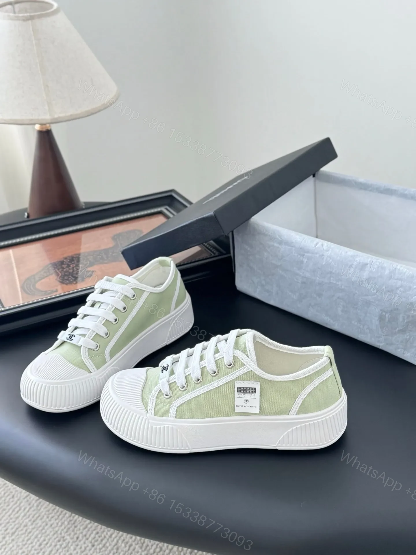 View 2 of Chanel Women Light Green Canvas Sneakers