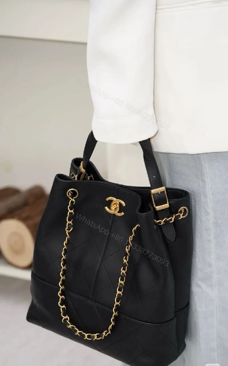 View 7 of Black Quilted Bucket Bag with Gold Chain Strap
