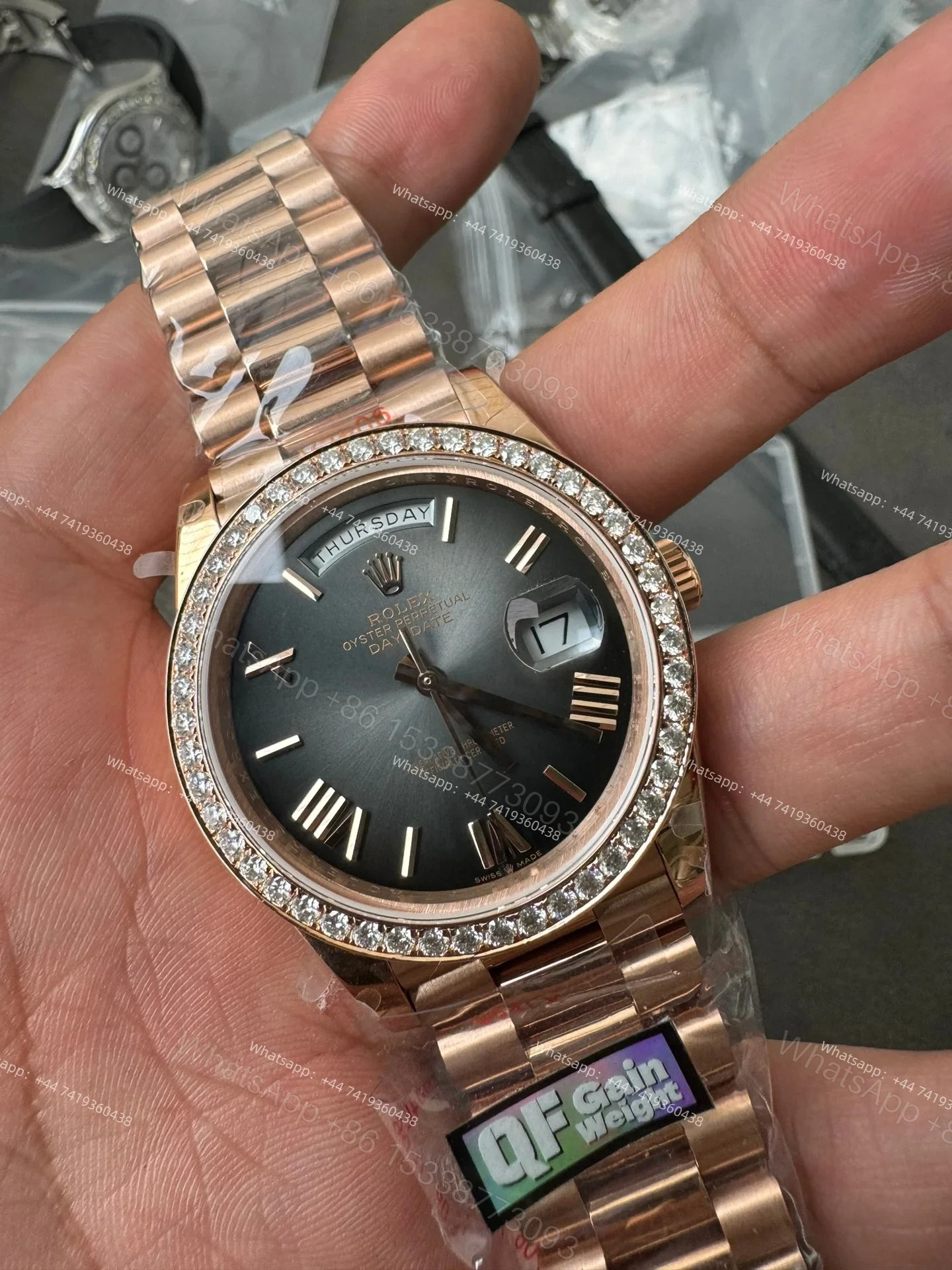 View 6 of Rolex Day-Date M228345RBR-0025 1:1 Replica Gradient Slate Gray Dial Moissanite Bezel 40MM 3255 Movement Super Clone Watch