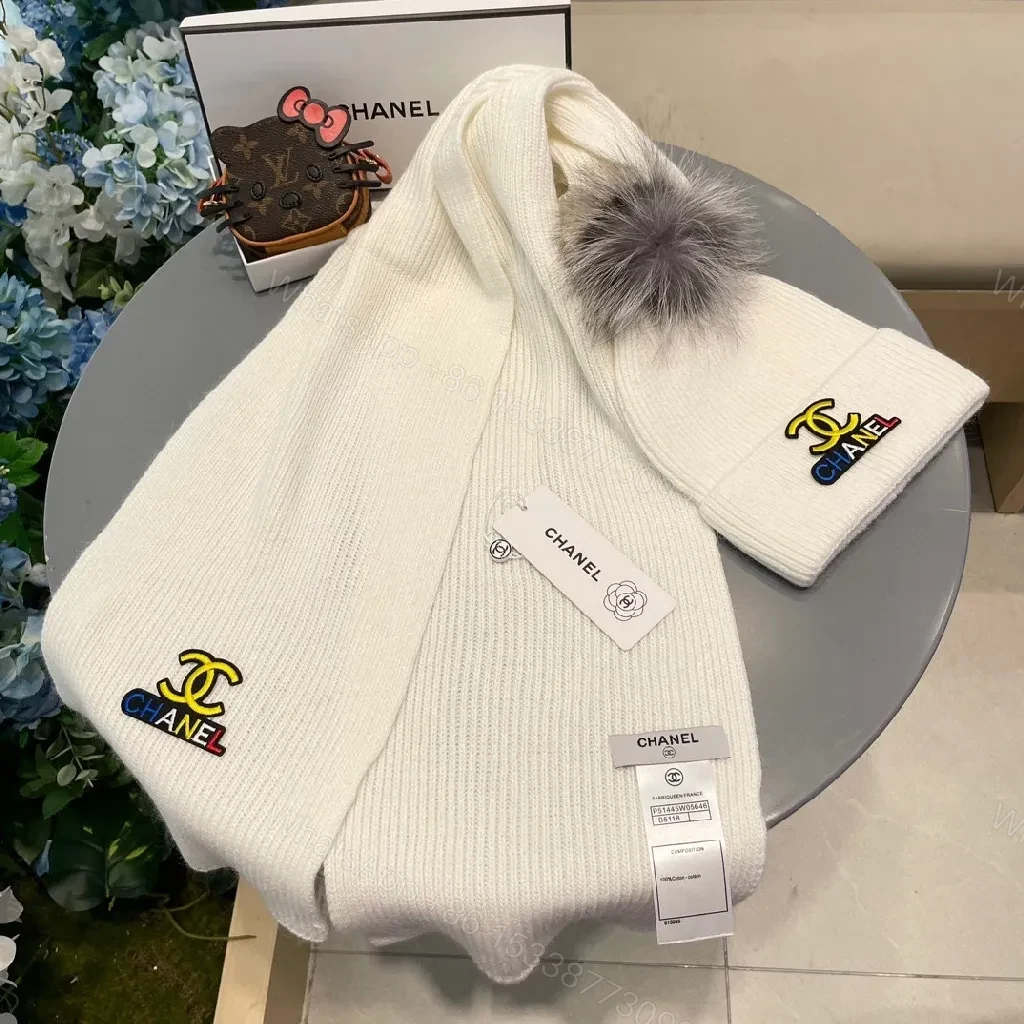 View 7 of Ivory Knit Scarf & Beanie Set: Subtle Designer Emblem