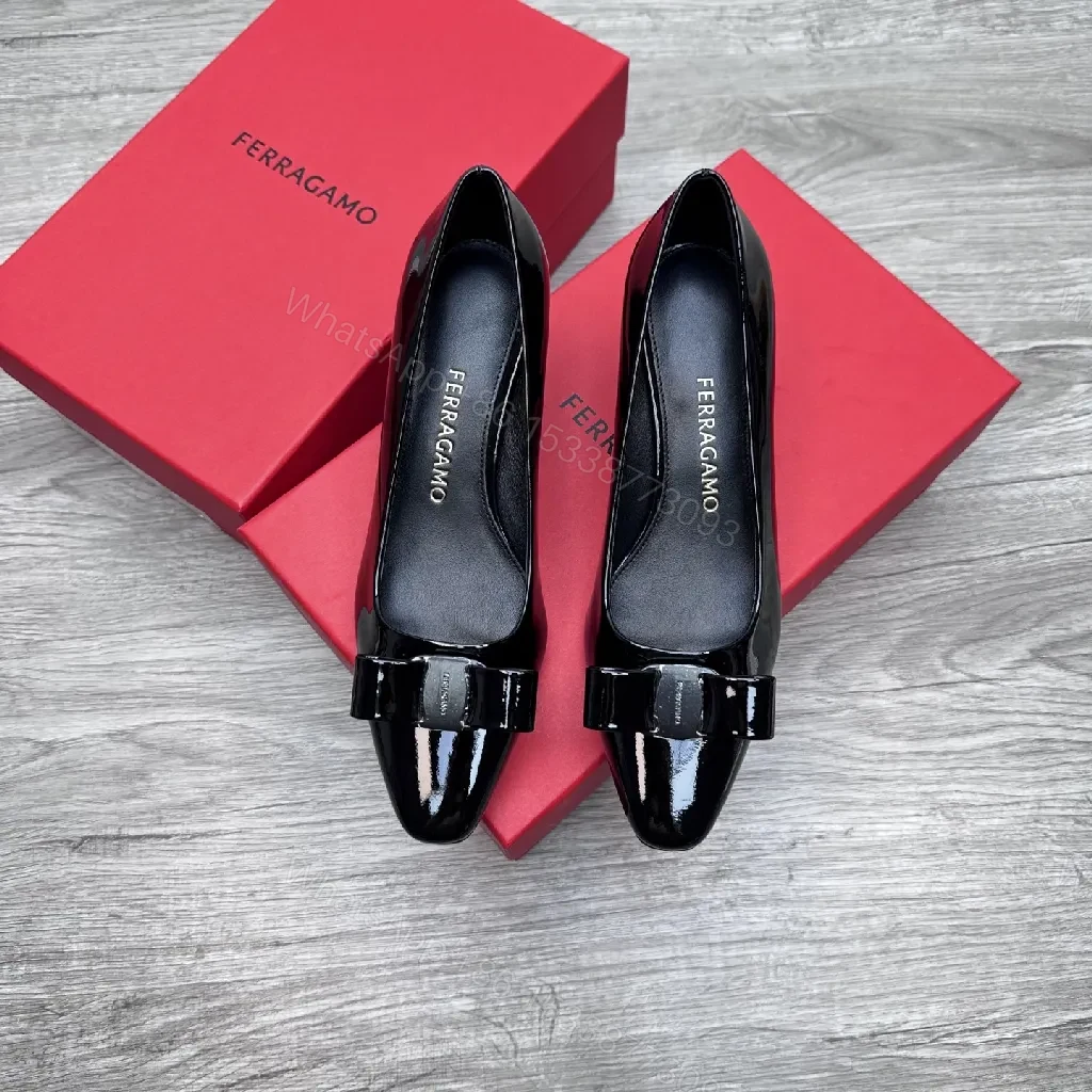 View 4 of Glossy Patent Pumps with Bow Detail, Black, 2.5" Heel