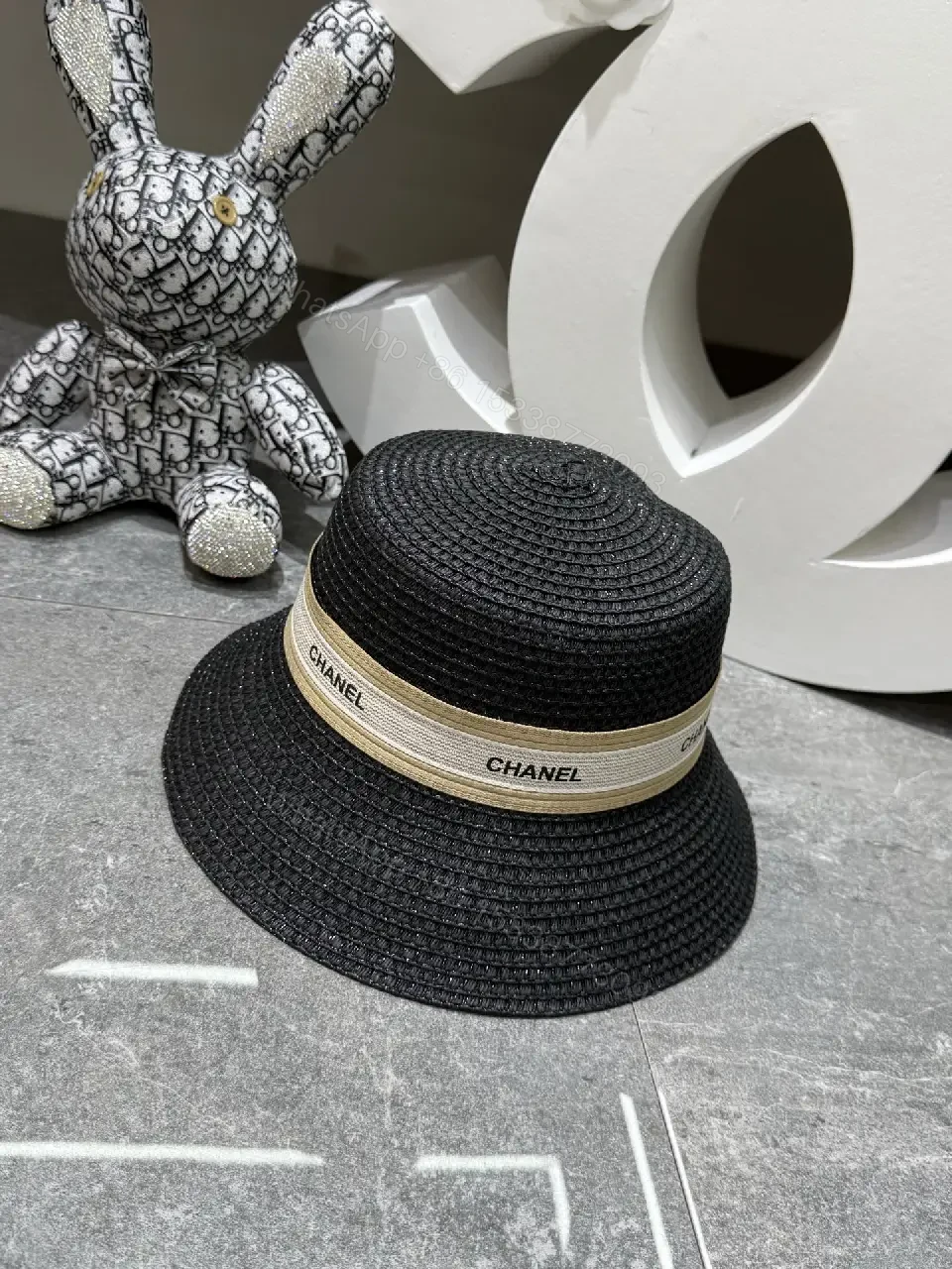 View 4 of Black/White Beigewide Fedora Hat with Chanel Band, Straw