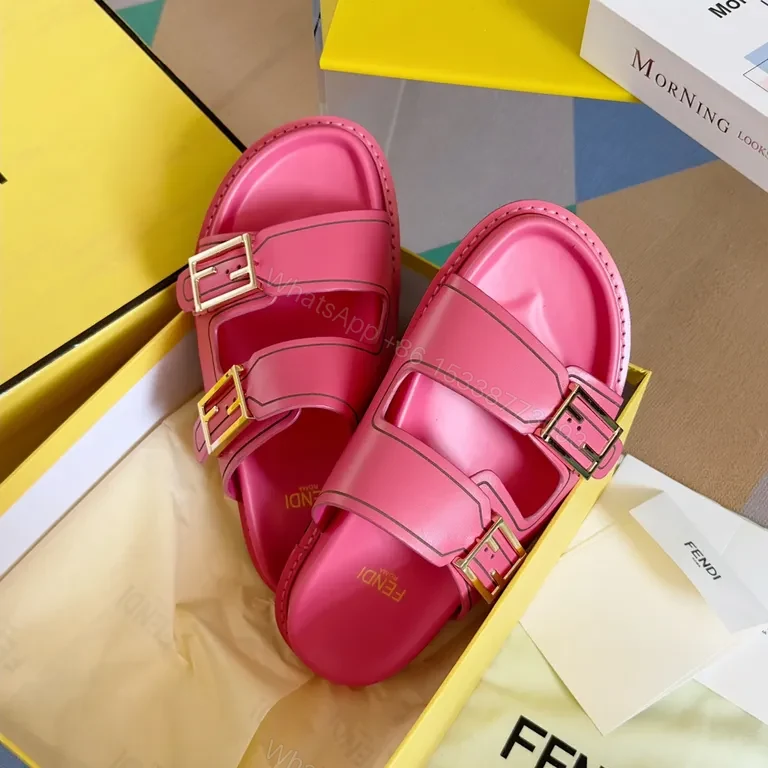 View 7 of Vivid Pink Fendi Leather Slides â€“ Bold Comfort, Elevated Casual