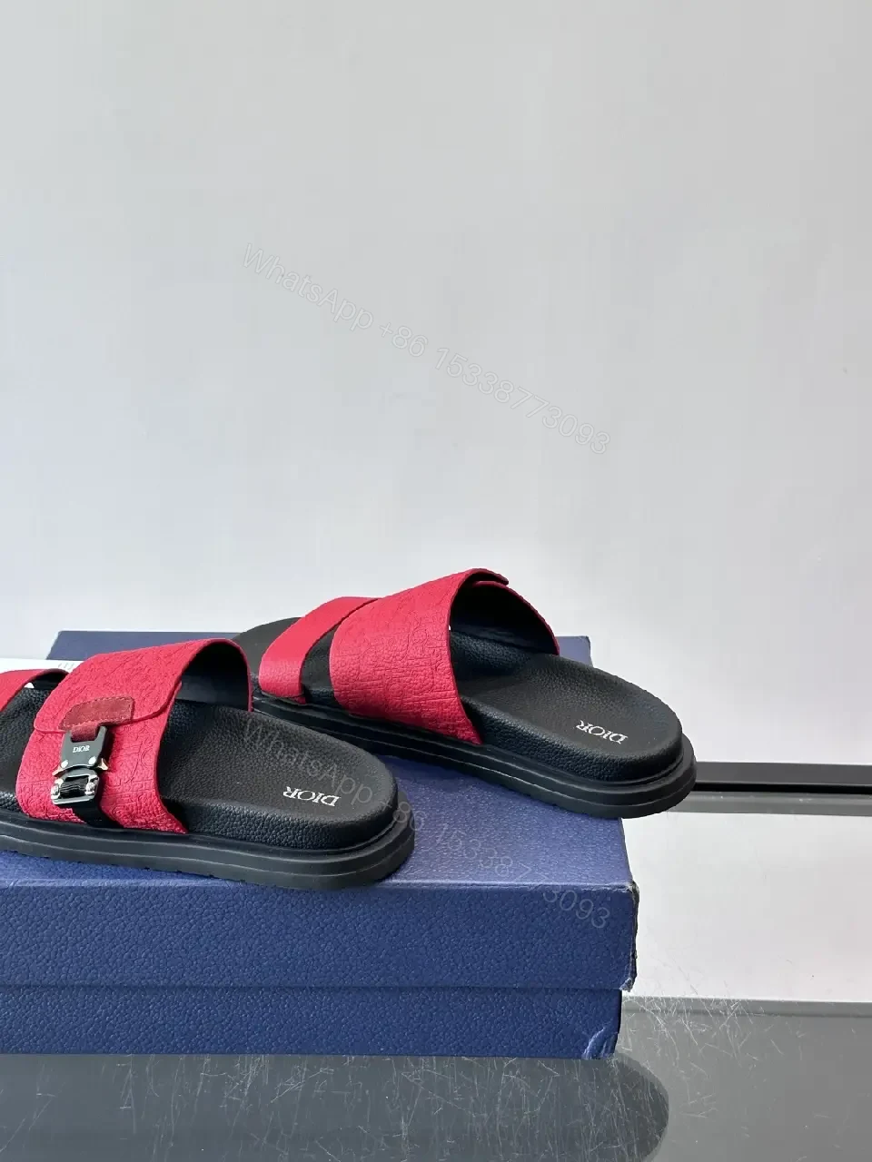 View 5 of Red Suede Leather Style Buckle Accent Dior Slides