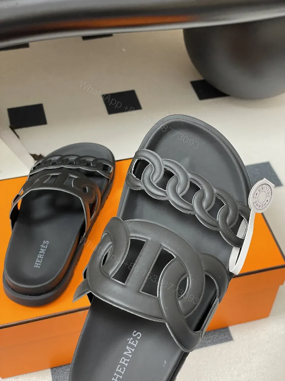 View 9 of Black Leather Double-Chain Slide Sandals: Modern Luxury