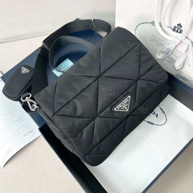 Compact Quilted Messenger Bag â€” Dark Matte Black Prada Accent — view 1