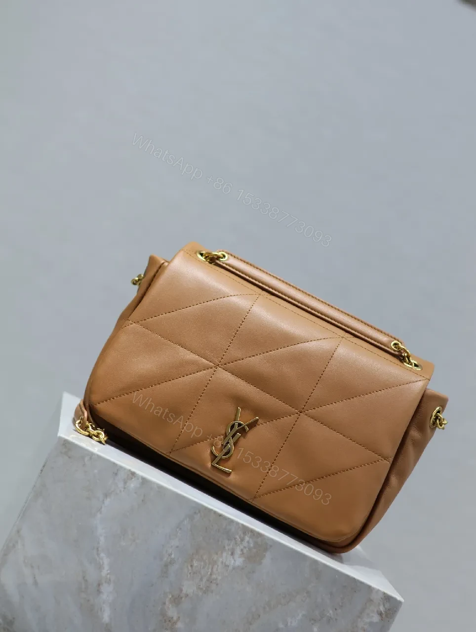 View 8 of Quilted Leather Camel Shoulder Bag with Gold Hardware
