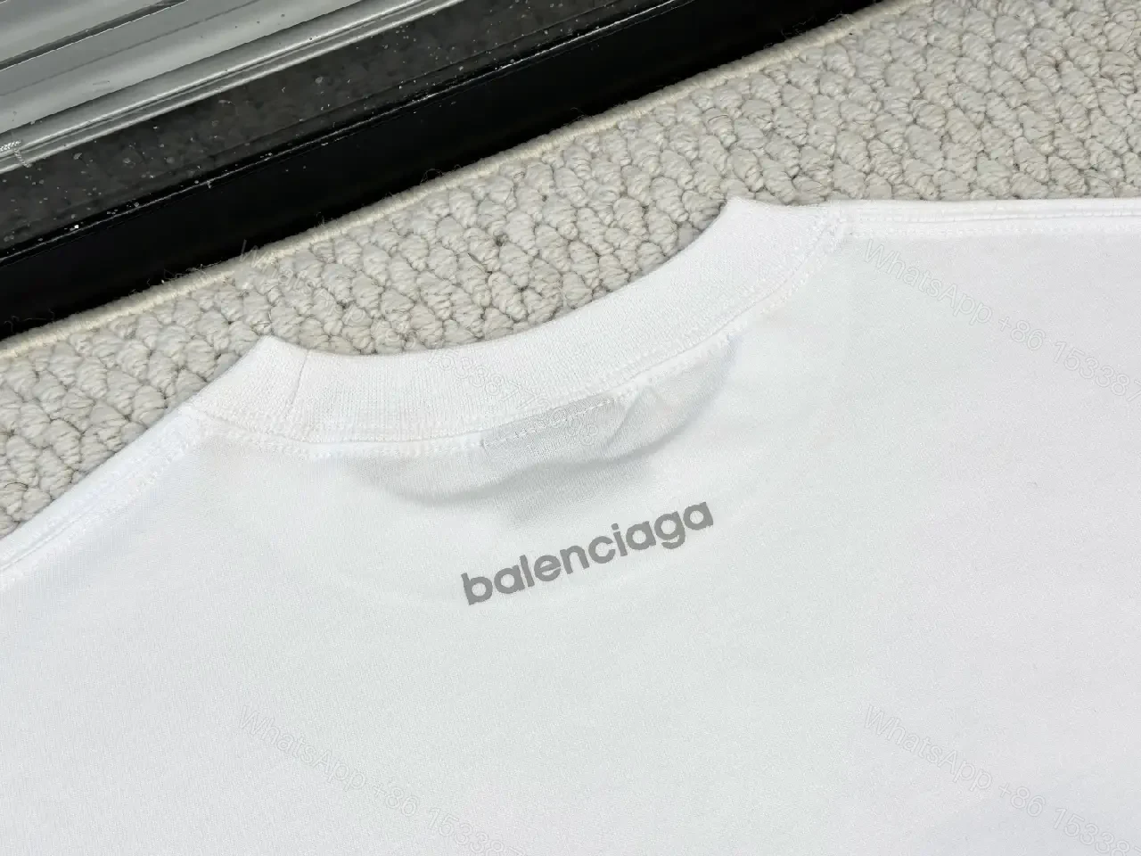 View 7 of White Cotton Minimalist T-Shirt with Balenciaga Logo