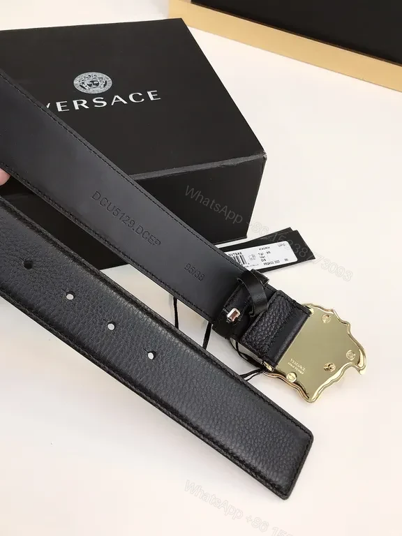 View 2 of Black Leather Belt with Gold Medusa Buckle - Versace Luxury Accessory